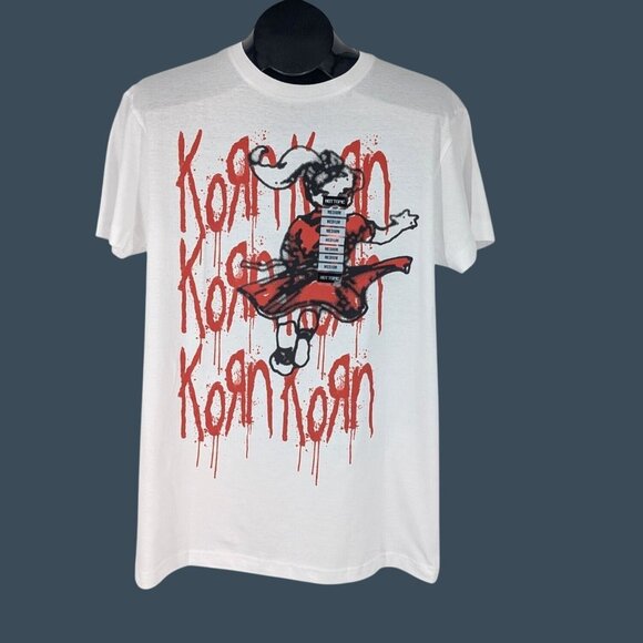 Korn Band T Shirt Women Size M Graphic Print Paint Drip Boyfriend Fit Metal Rock - Picture 1 of 6
